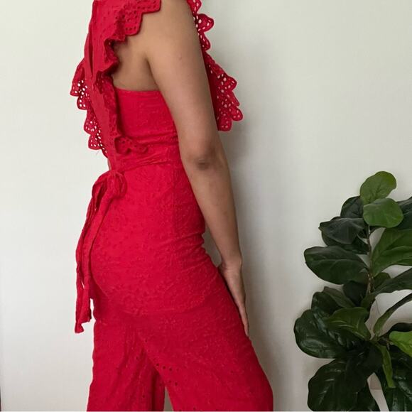 Built By Dreamers Red Lace Jumpsuit Size Medium Eyelet Ruffle Hem Capri Length - Picture 12 of 13